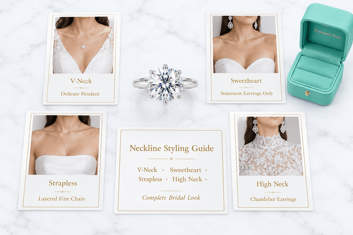 How to Style Your Engagement Ring with Your Wedding Dress Neckline - Moissanite Shine