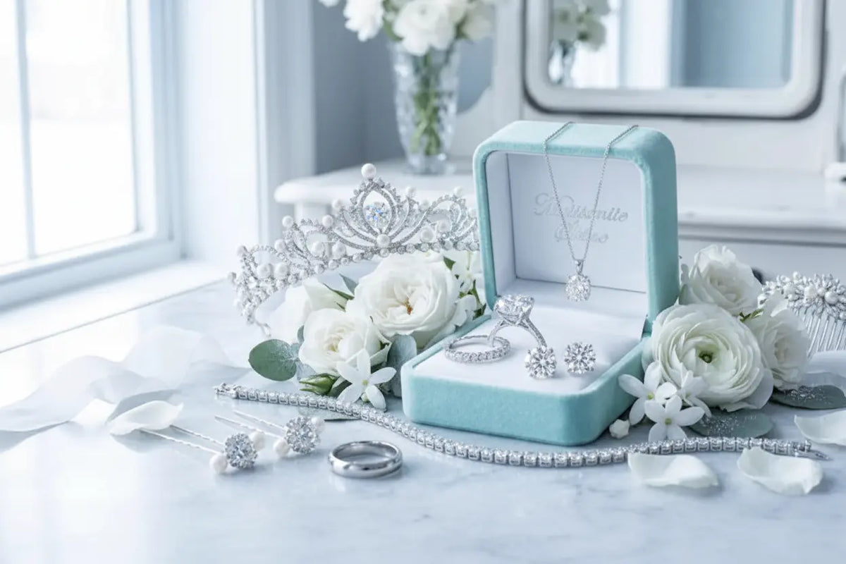 A luxurious collection of moissanite jewelry. Rings, earrings, bracelets, and necklaces. Color: D-VVS1. Lifetime guarantee and free shipping.
