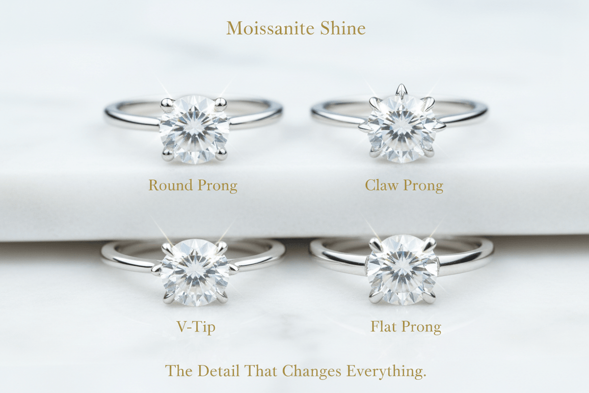 Moissanite Prong Styles Guide: Claw, V-Tip, Flat & More - Moissanite Shine