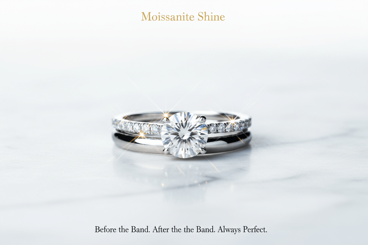 Moissanite Ring Before & After Wedding Band: The Complete Stacking Guide - Moissanite Shine