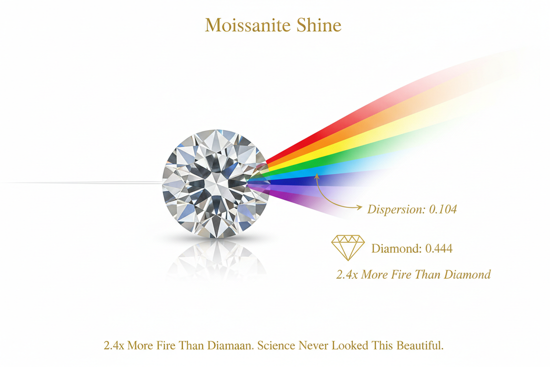 Moissanite loose stone splitting white light into full spectrum rainbow dispersion with scientific diagram showing dispersion value 0.104 compared to diamond 0.044 explaining why moissanite produces 2.4 times more rainbow fire than diamond