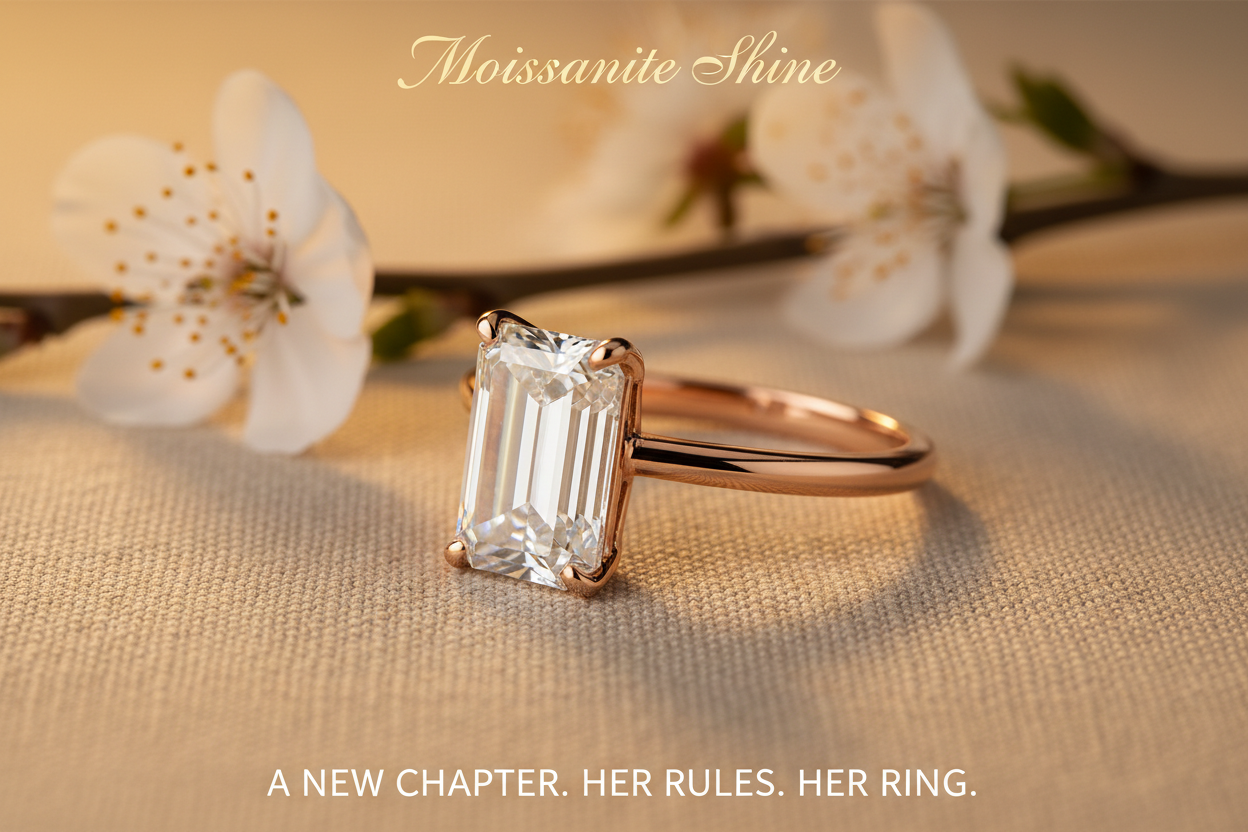 Moissanite rose gold east west emerald cut engagement ring for second marriage on ivory linen with white cherry blossom branch symbolizing new beginnings complete guide to non traditional second marriage ring styles and choices
