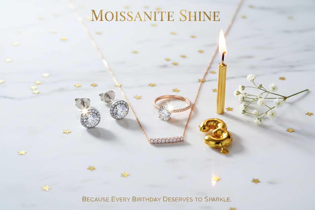Three moissanite birthday jewelry gifts including platinum halo stud earrings rose gold solitaire ring and gold bar pendant necklace on white marble with gold confetti birthday candle and baby breath flowers complete 2026 birthday gift guide