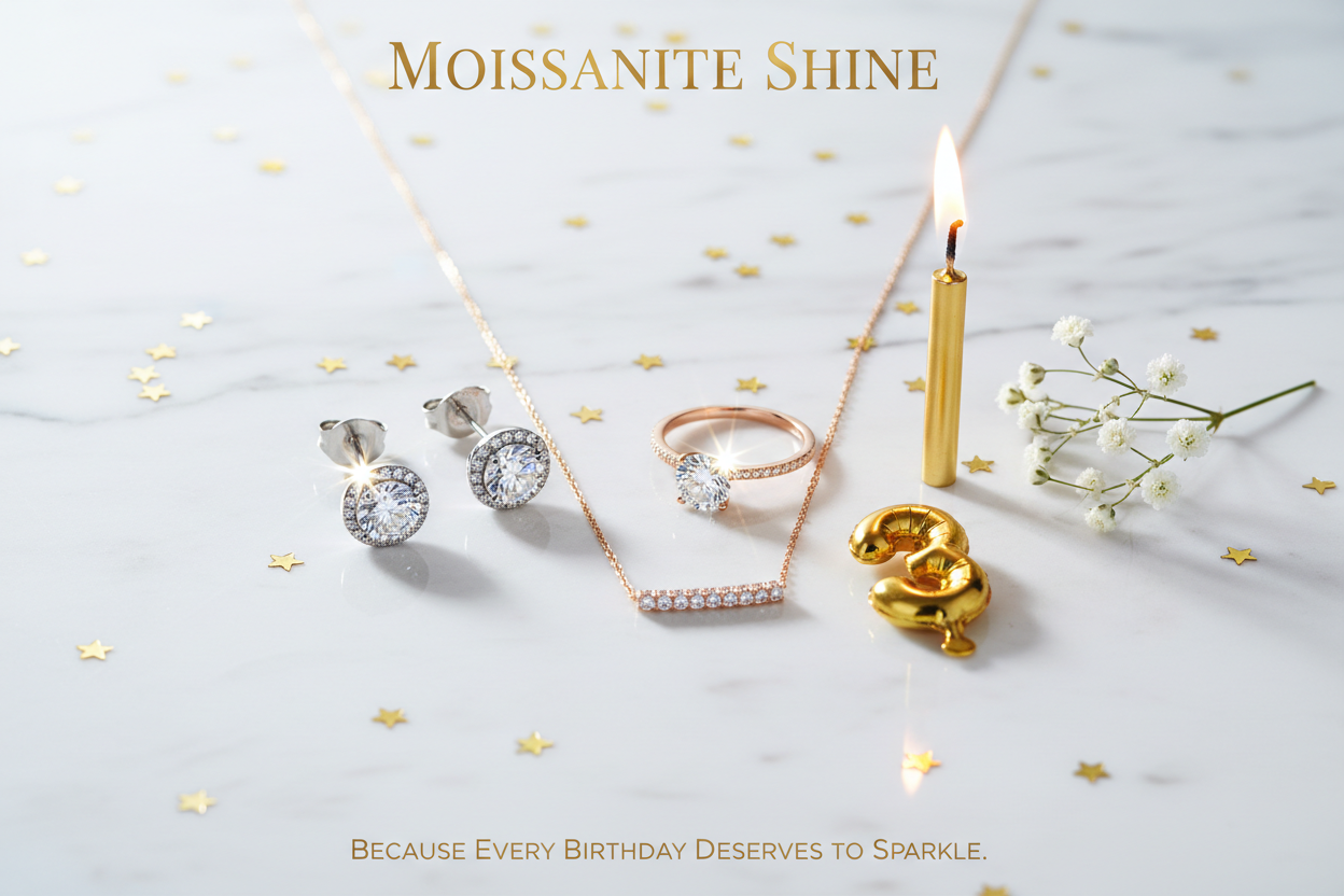 Three moissanite birthday jewelry gifts including platinum halo stud earrings rose gold solitaire ring and gold bar pendant necklace on white marble with gold confetti birthday candle and baby breath flowers complete 2026 birthday gift guide