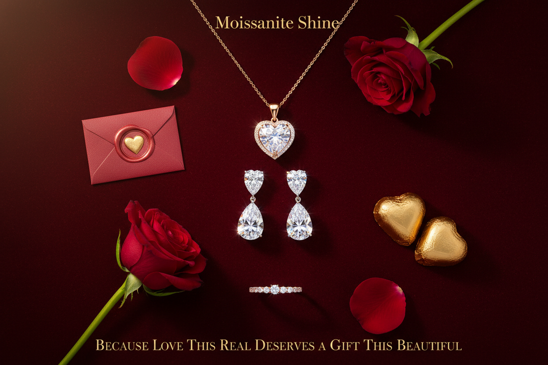 Three moissanite Valentine's Day jewelry gifts including rose gold heart pendant platinum pear drop earrings and rose gold eternity band on burgundy red velvet with red roses wax sealed envelope and gold foil chocolate hearts romantic 2026 gift guide