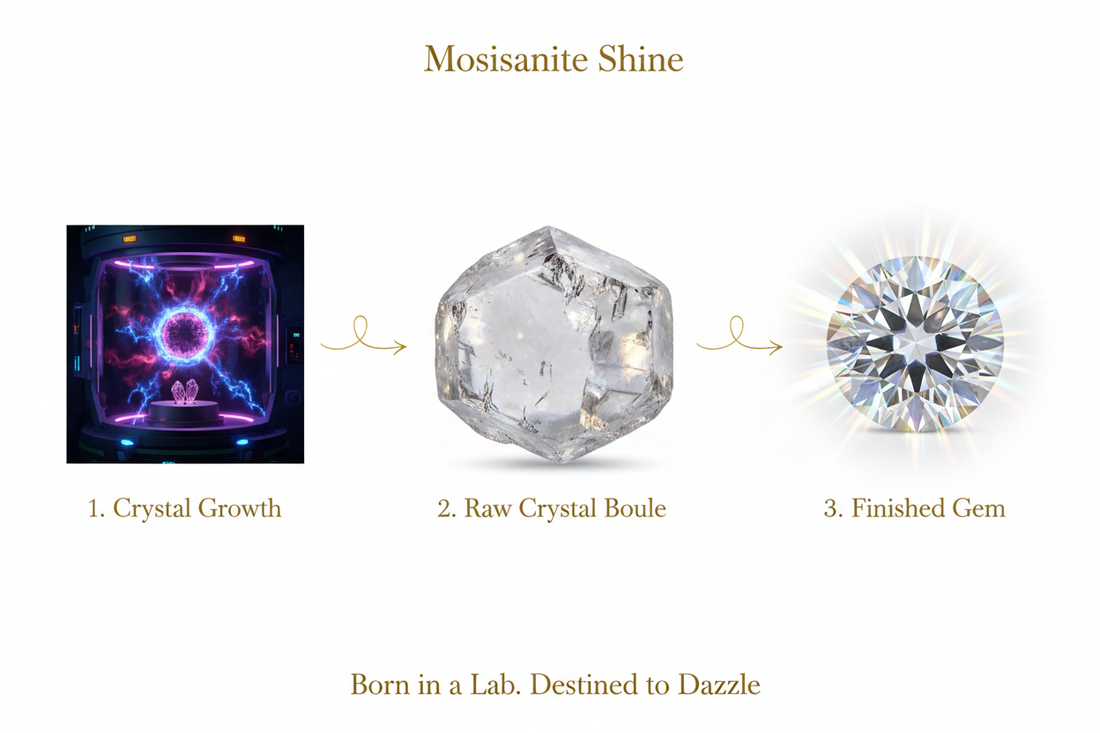 Three stage moissanite creation process showing lab crystal growth chamber raw silicon carbide boule and finished round brilliant stone with gold stage labels explaining how moissanite is made using Lely method complete science guide