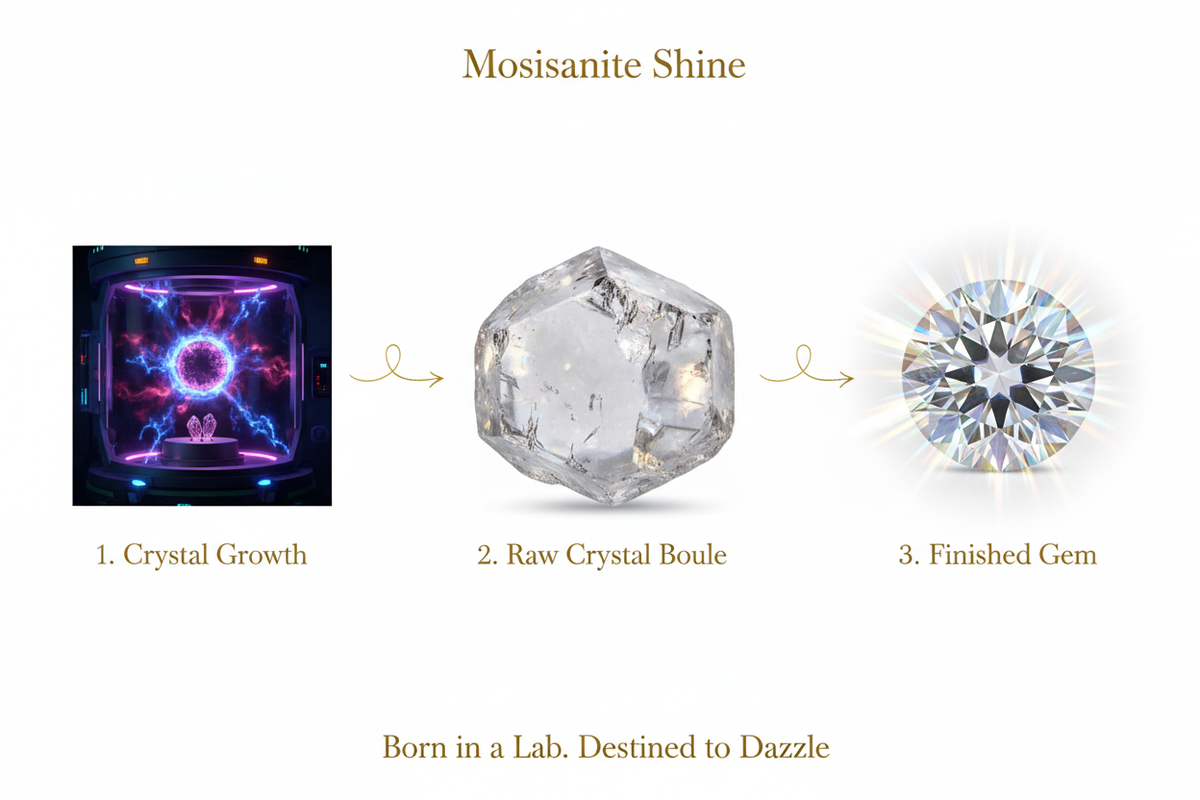 Three stage moissanite creation process showing lab crystal growth chamber raw silicon carbide boule and finished round brilliant stone with gold stage labels explaining how moissanite is made using Lely method complete science guide