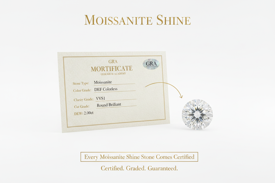 GRA moissanite grading certificate showing DEF colorless VVS1 clarity excellent cut grades beside round brilliant moissanite stone complete guide to moissanite grading system evaluation and quality grades explained