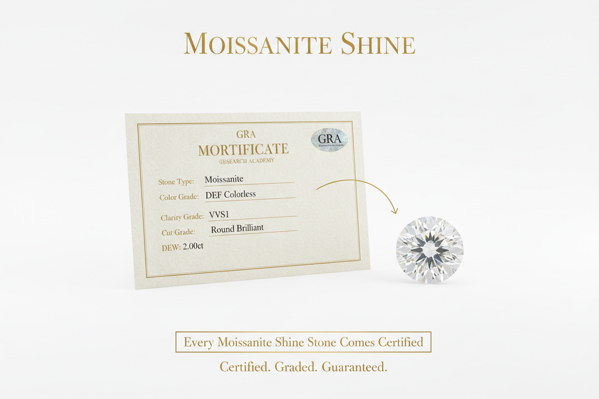 GRA moissanite grading certificate showing DEF colorless VVS1 clarity excellent cut grades beside round brilliant moissanite stone complete guide to moissanite grading system evaluation and quality grades explained