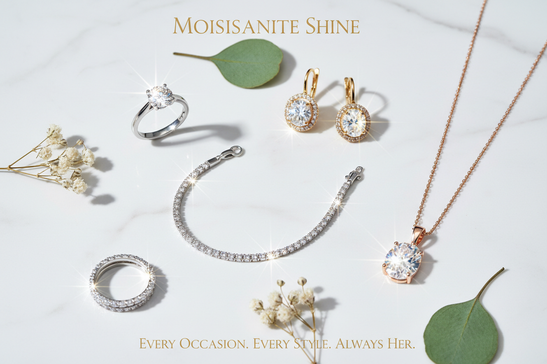 Five moissanite jewelry pieces for her including platinum solitaire ring yellow gold halo earrings tennis bracelet rose gold oval pendant and eternity band arranged on white marble with dried flowers complete 2026 moissanite gift guide for women