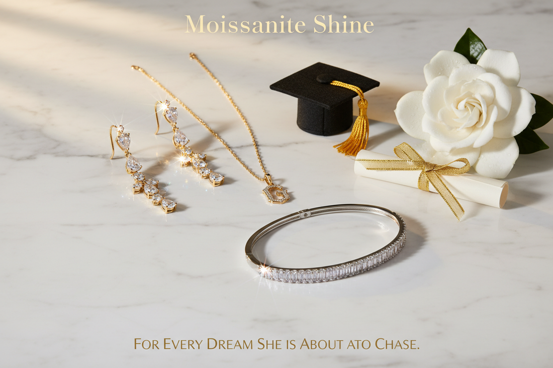 Three moissanite graduation jewelry gifts including yellow gold drop earrings initial pendant necklace and platinum bangle bracelet on white marble with graduation cap diploma and white gardenia flower complete fine jewelry graduation gift guide