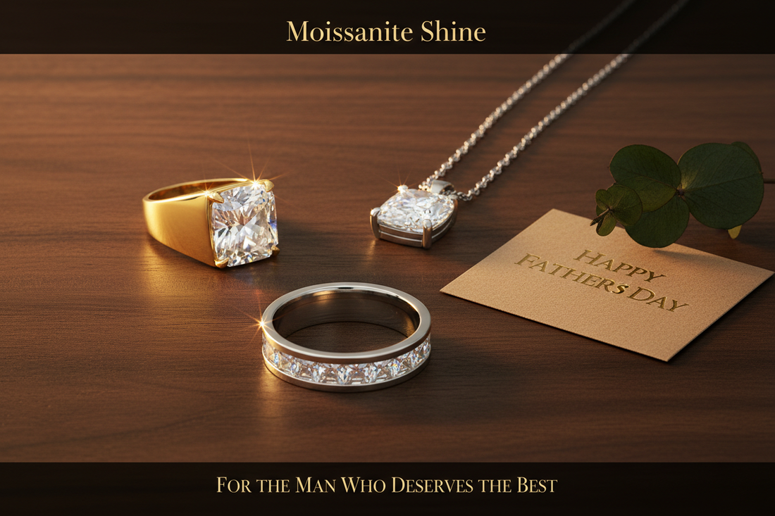 Three moissanite Father's Day jewelry gifts for men including yellow gold signet ring platinum pendant necklace and channel set wedding band arranged on dark walnut wood with Happy Father's Day card and eucalyptus complete gift guide for dad