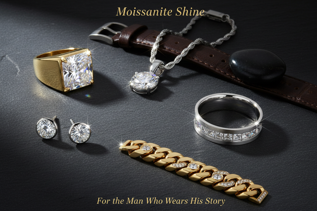 Five moissanite jewelry pieces for men including yellow gold signet ring platinum pendant cable chain channel set wedding band Cuban link bracelet and bezel stud earrings on charcoal slate complete 2026 moissanite gift guide for him