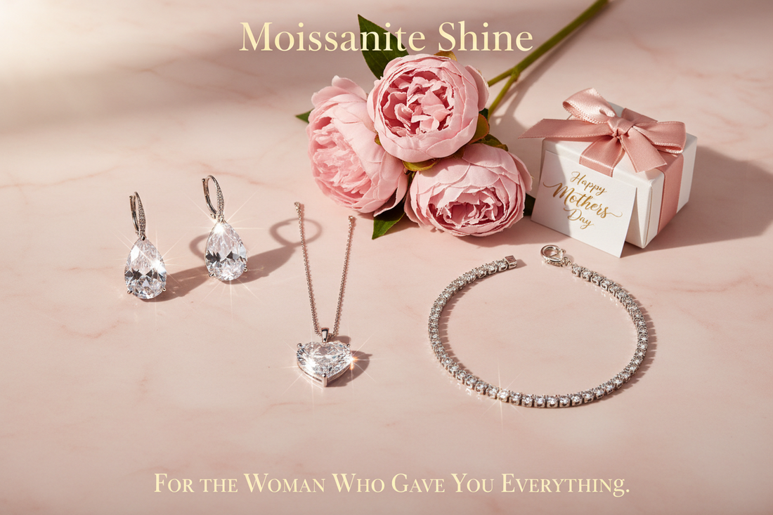 Three moissanite Mother's Day jewelry gifts including platinum teardrop earrings tennis bracelet and heart pendant necklace on blush pink marble with pink peonies gift box and Happy Mothers Day card complete jewelry gift guide for mom