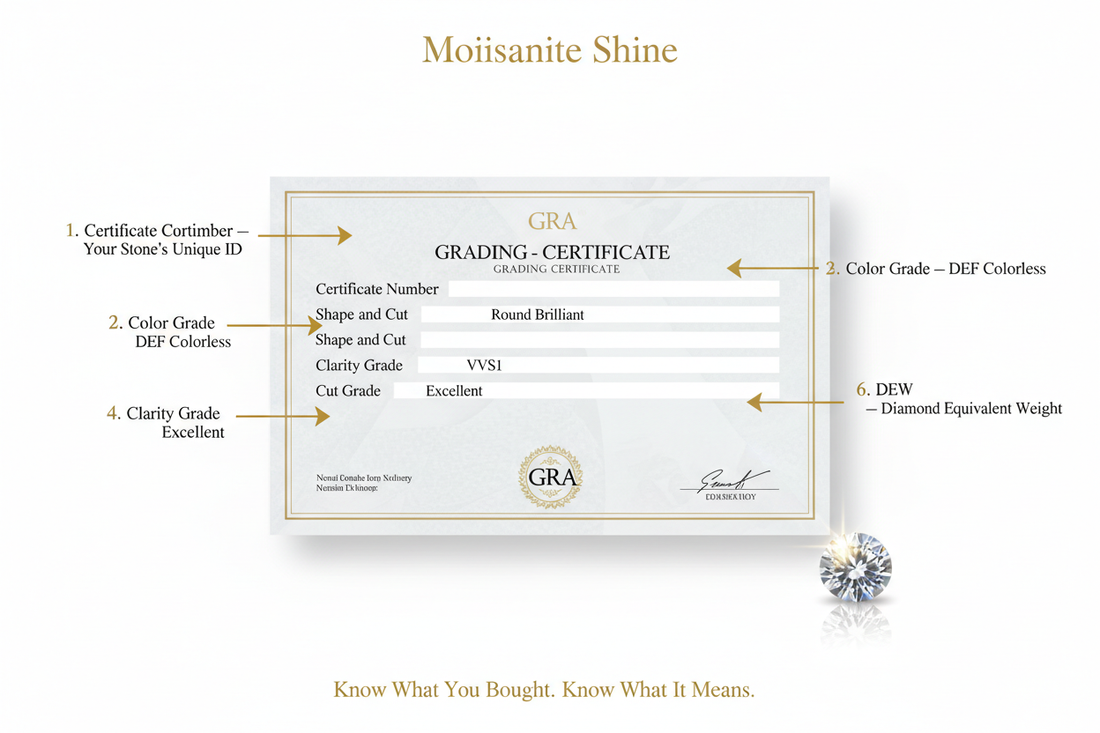 GRA moissanite certificate face up with six numbered annotation arrows pointing to certificate number shape color grade VVS1 clarity excellent cut and DEW fields step by step guide to reading and understanding your moissanite grading certificate