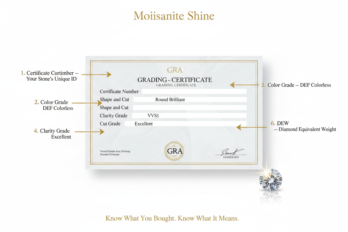 GRA moissanite certificate face up with six numbered annotation arrows pointing to certificate number shape color grade VVS1 clarity excellent cut and DEW fields step by step guide to reading and understanding your moissanite grading certificate