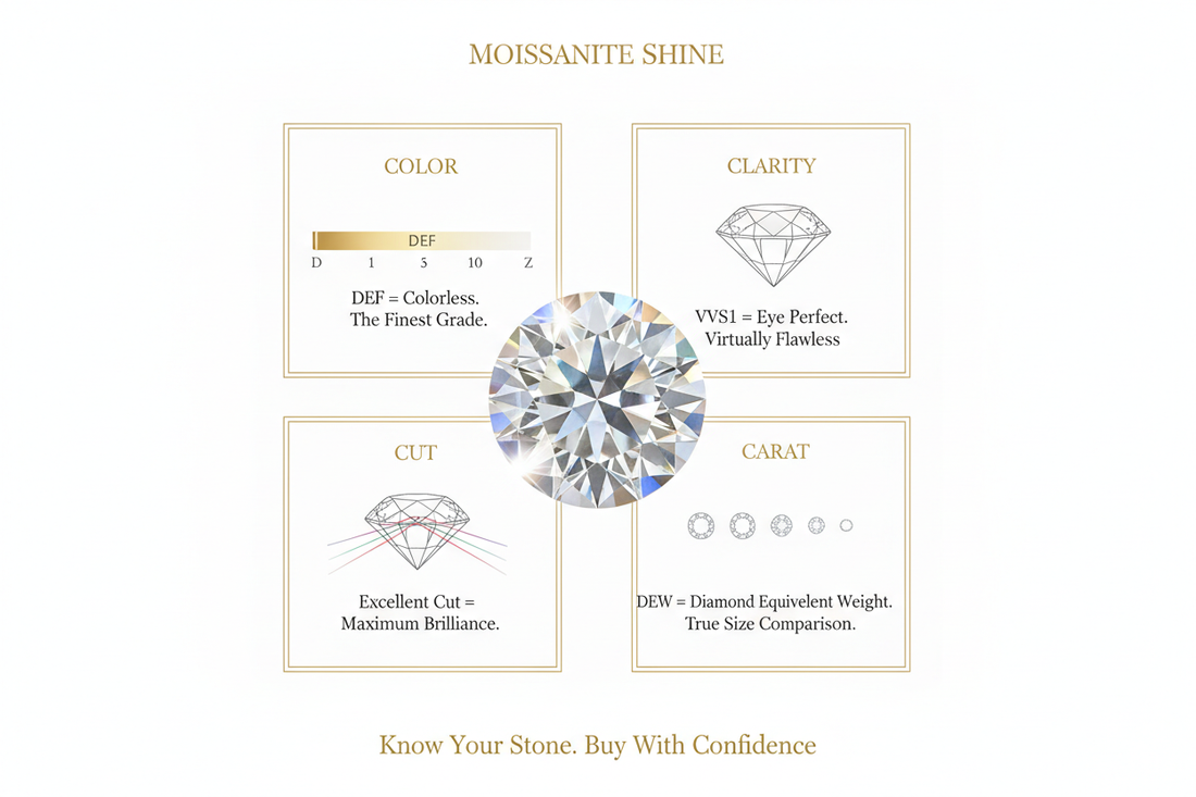 Moissanite 4Cs educational infographic showing DEF colorless grade VVS1 clarity excellent cut and diamond equivalent weight DEW explained in four quadrant panels around brilliant center stone complete guide to moissanite quality grading