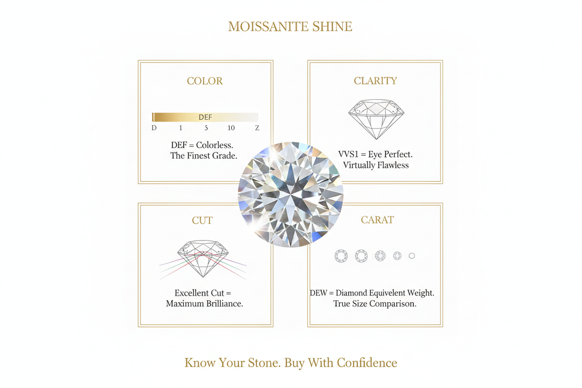 Moissanite 4Cs educational infographic showing DEF colorless grade VVS1 clarity excellent cut and diamond equivalent weight DEW explained in four quadrant panels around brilliant center stone complete guide to moissanite quality grading
