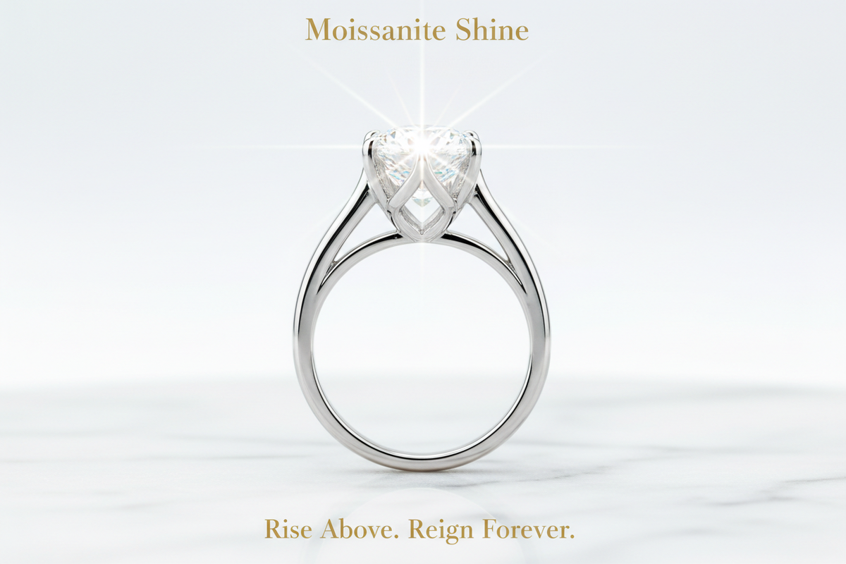 Moissanite platinum cathedral setting engagement ring pure side profile showing dramatic soaring arches elevating center stone high above band on white marble complete guide to cathedral setting design height and iconic ring styles