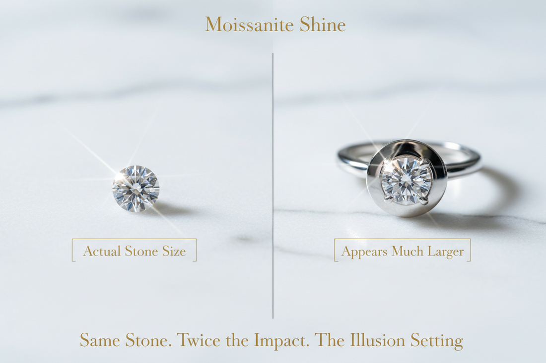 Split comparison showing small moissanite loose stone beside same stone in platinum illusion setting with mirror polished plate making it appear dramatically larger with actual size and appears larger labels complete guide to illusion setting technique