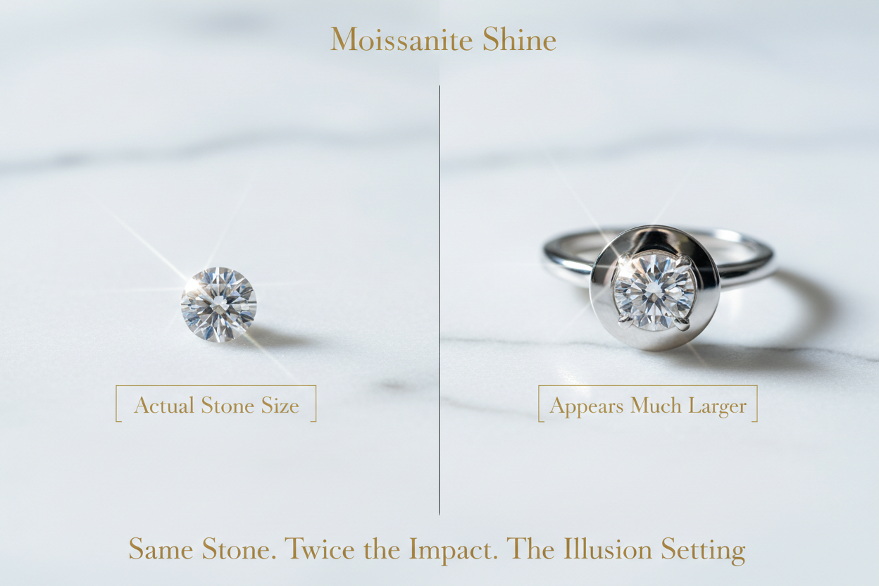 Split comparison showing small moissanite loose stone beside same stone in platinum illusion setting with mirror polished plate making it appear dramatically larger with actual size and appears larger labels complete guide to illusion setting technique