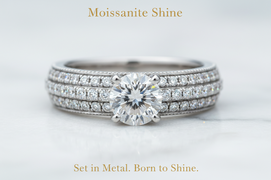 Moissanite platinum beaded grain setting ring extreme macro face up showing tiny accent stones embedded flush in metal surface held by raised metal beads creating field of sparkle complete guide to beaded grain setting technique and styles