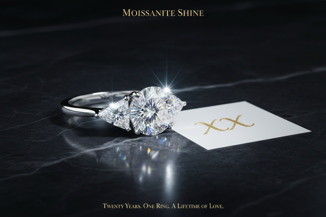 Magnificent moissanite three stone platinum anniversary upgrade ring with large round brilliant center and trillion cut side stones beside Roman numeral XX card on charcoal marble complete guide to 20 year anniversary ring upgrade