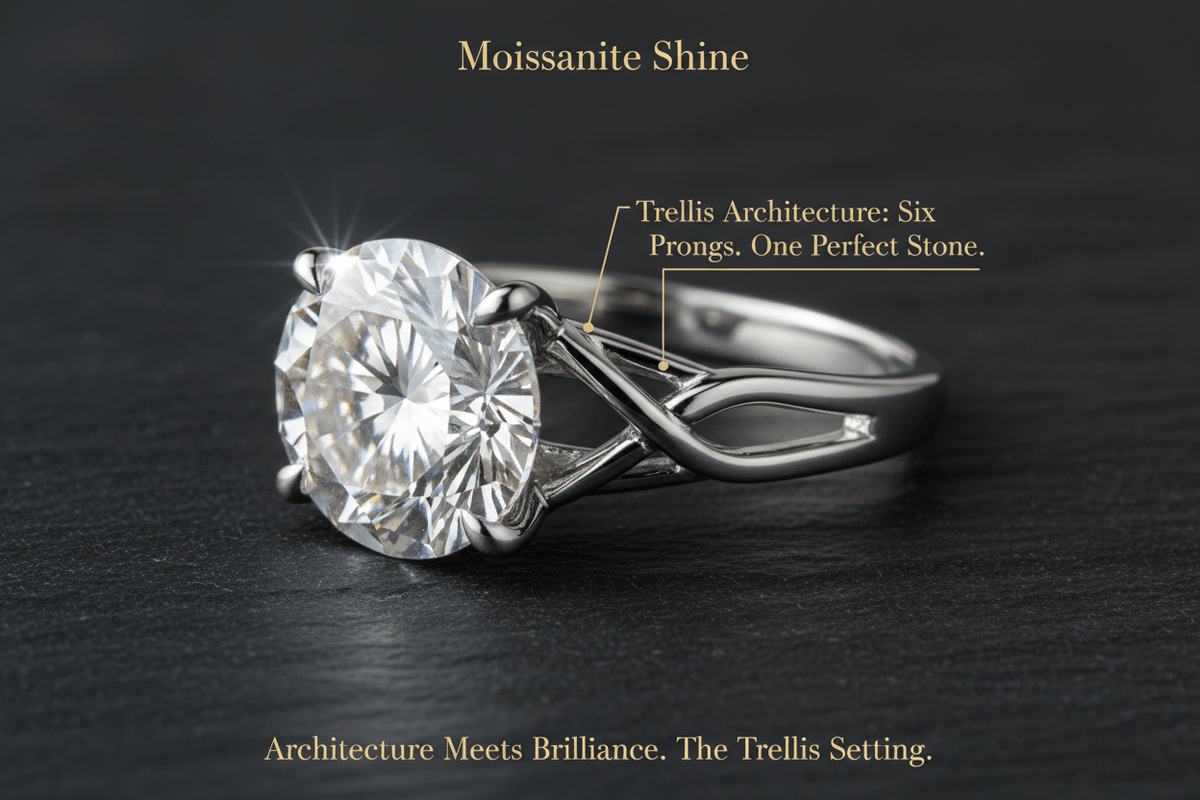 Moissanite Trellis Setting: The Complete Guide to the Most Iconic Solitaire Design - Moissanite Shine