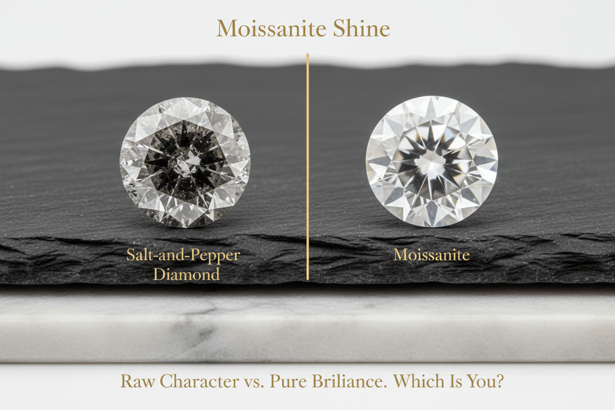 Moissanite vs. Salt-and-Pepper Diamond: The Non-Traditional Buyer's Guide - Moissanite Shine