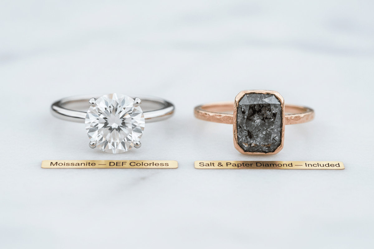 Moissanite vs. Salt & Pepper Diamond: Which Stone Is Right for You? - Moissanite Shine