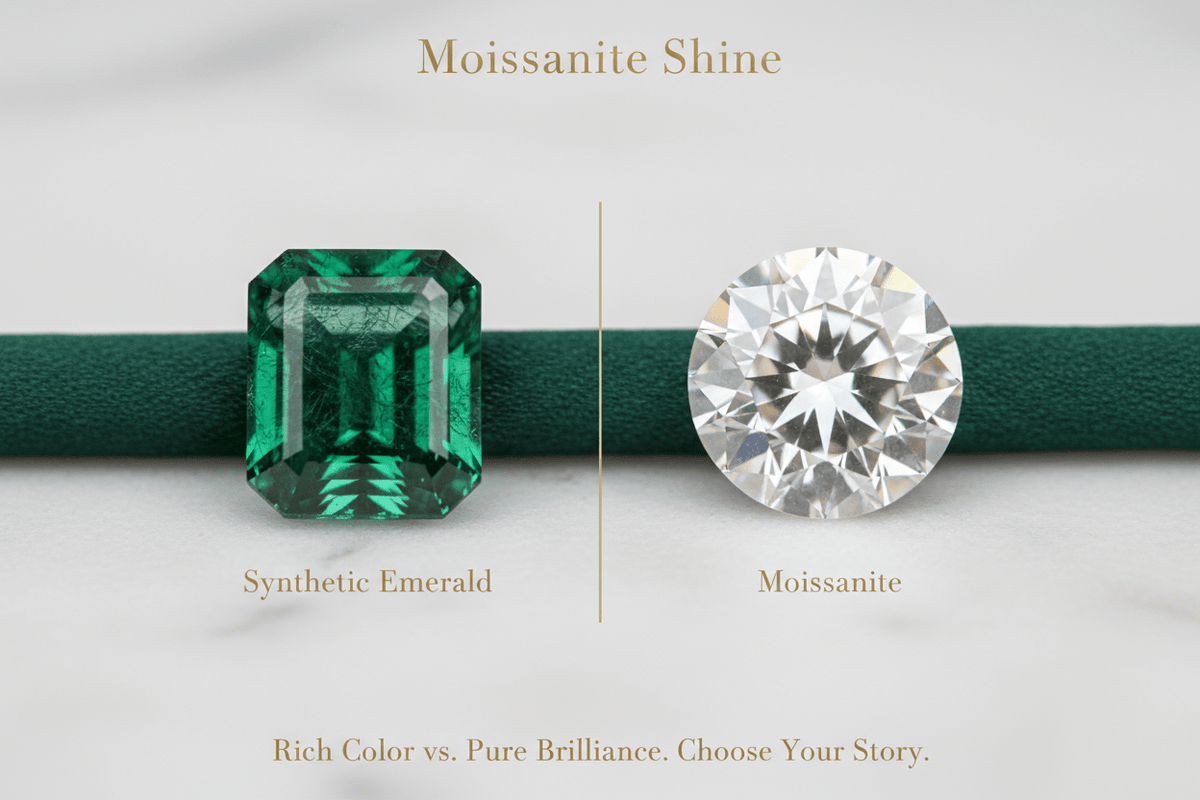 Moissanite vs. Synthetic Emerald: Brilliance vs. Color, Daily Wear vs. Occasion Jewelry - Moissanite Shine
