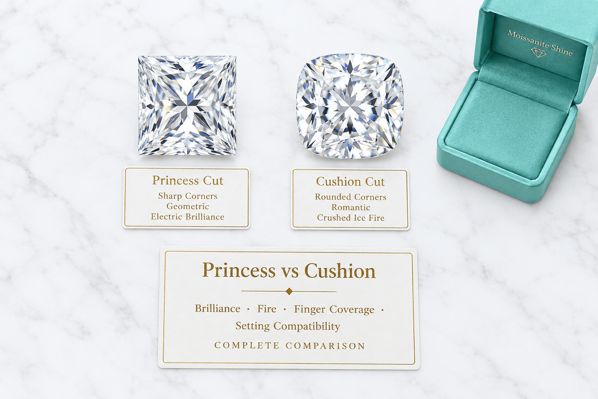 Princess Cut vs. Cushion Cut Moissanite: The Complete Comparison - Moissanite Shine
