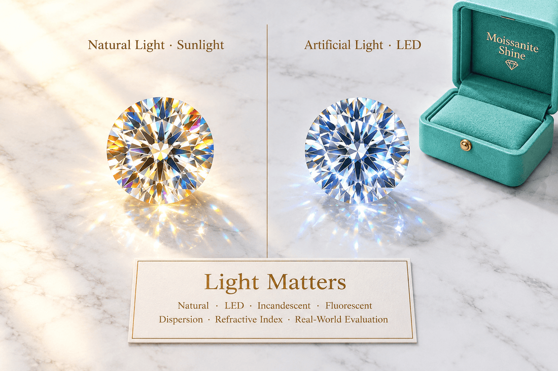 Why Moissanite Looks Different in Natural vs Artificial Light - Moissanite Shine