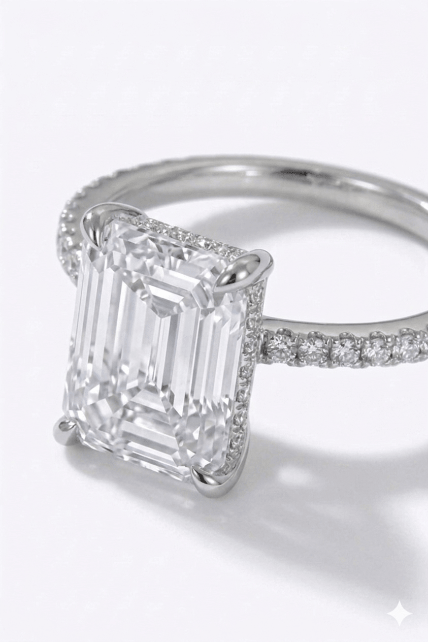 Luxury 4 Carat Emerald Cut Moissanite Engagement Ring with Accent Side Stones – VVS1 D Color Modern Platinum Plated Brilliant Wedding Band (GRA Certified) | RING | Moissanite Shine