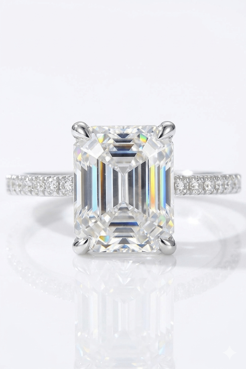 Luxury 4 Carat Emerald Cut Moissanite Engagement Ring with Accent Side Stones – VVS1 D Color Modern Platinum Plated Brilliant Wedding Band (GRA Certified) | RING | Moissanite Shine