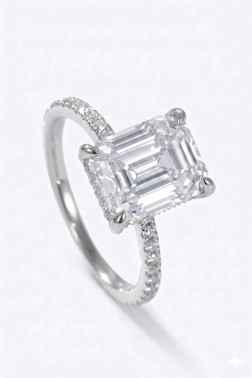 Luxury 4 Carat Emerald Cut Moissanite Engagement Ring with Accent Side Stones – VVS1 D Color Modern Platinum Plated Brilliant Wedding Band (GRA Certified) | RING | Moissanite Shine