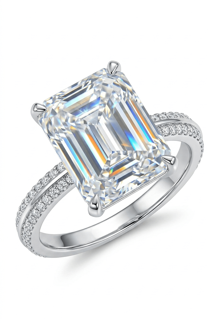 Luxury 5 Carat Emerald Cut Moissanite Solitaire Engagement Ring – Flawless VVS1 D Color Modern Platinum Plated Premium Statement Wedding Anniversary Band (GRA Certified) | RING | Moissanite Shine