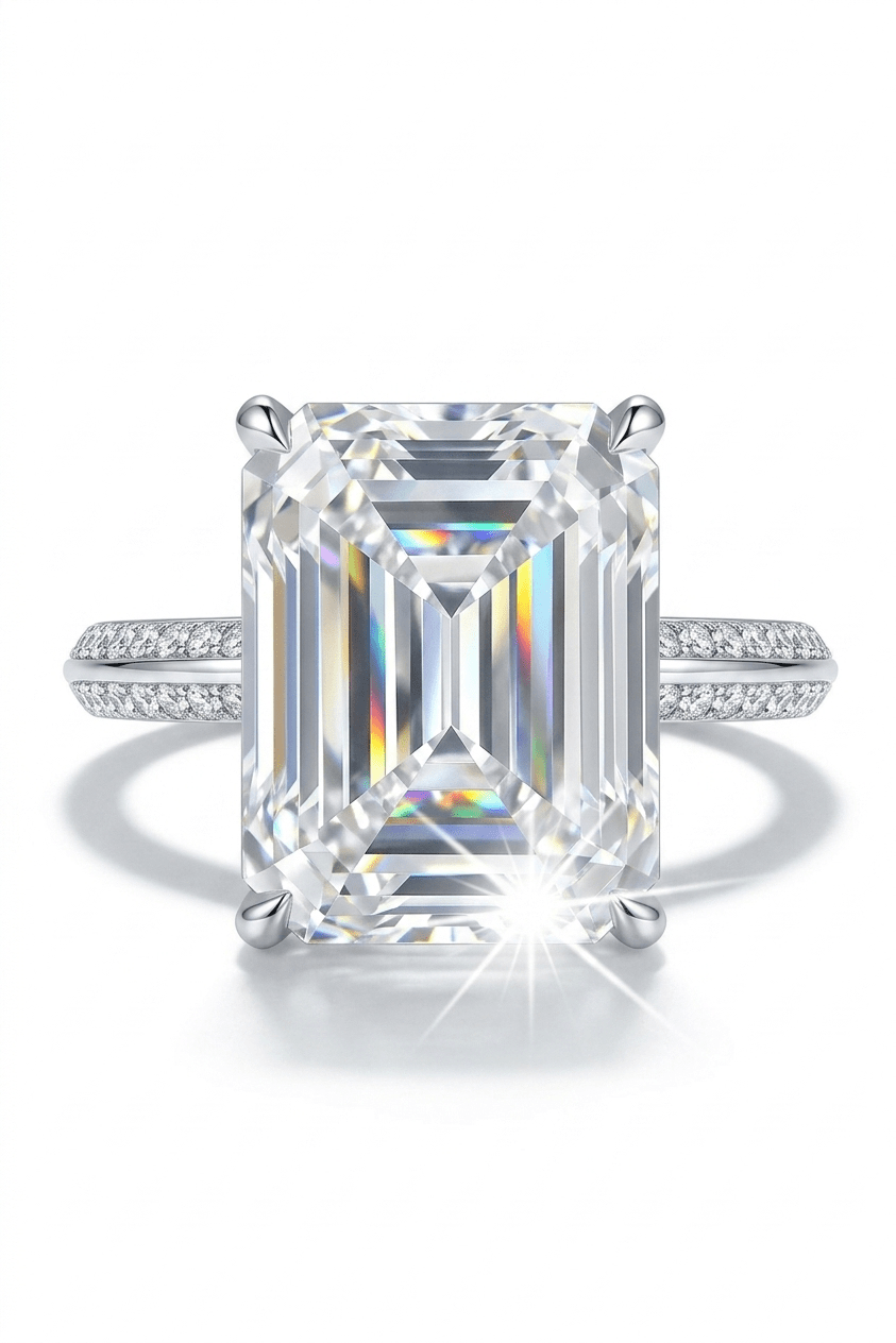 Luxury 5 Carat Emerald Cut Moissanite Solitaire Engagement Ring – Flawless VVS1 D Color Modern Platinum Plated Premium Statement Wedding Anniversary Band (GRA Certified) | RING | Moissanite Shine