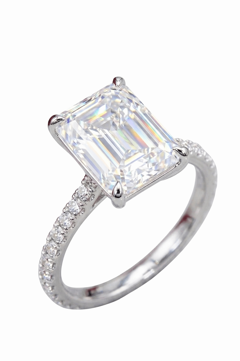 Luxury 5 Carat Emerald Cut Moissanite Solitaire Engagement Ring – Flawless VVS1 D Color Modern Platinum Plated Premium Statement Wedding Anniversary Band (GRA Certified) | RING | Moissanite Shine