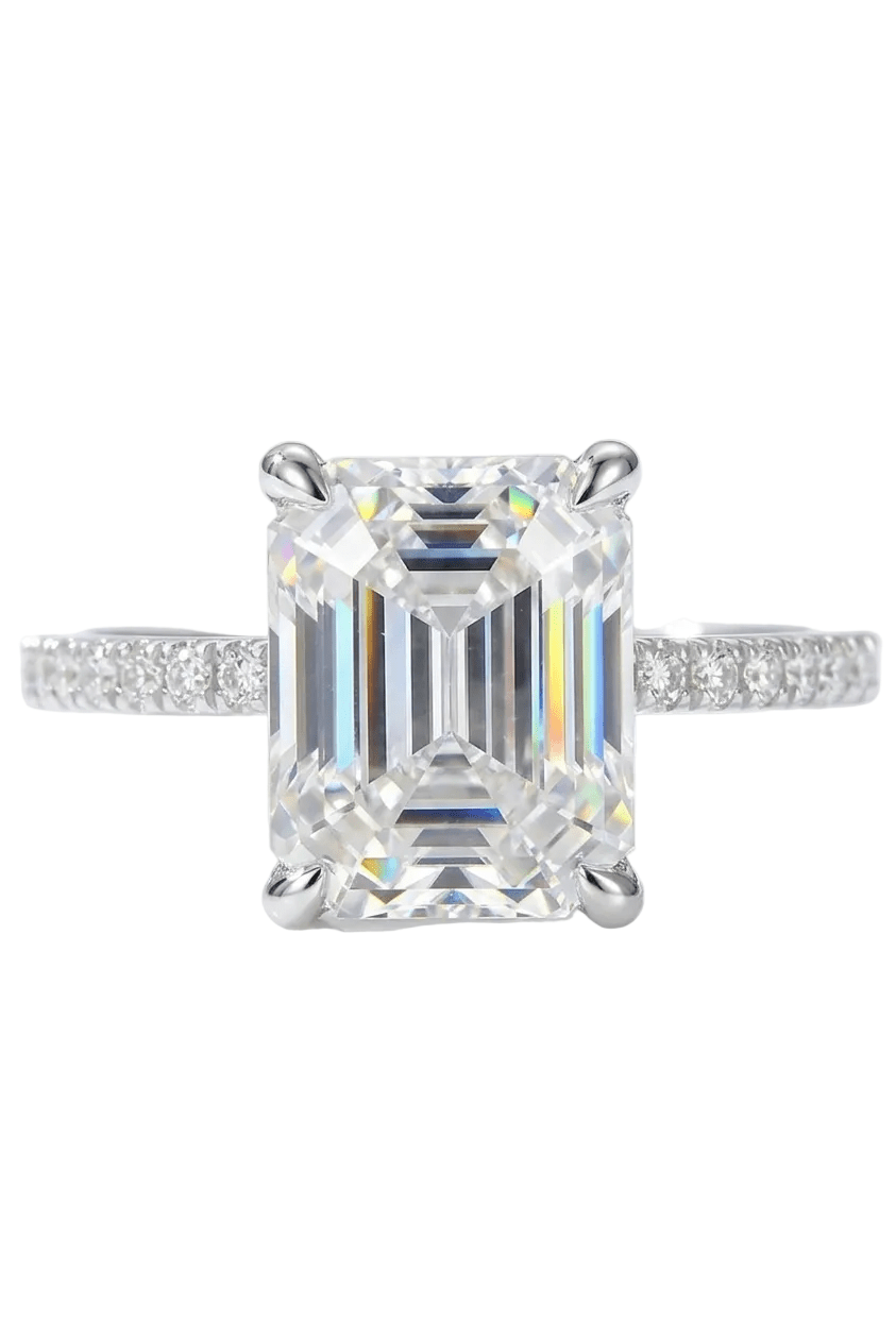 Luxury 5 Carat Emerald Cut Moissanite Solitaire Engagement Ring – Flawless VVS1 D Color Modern Platinum Plated Premium Statement Wedding Anniversary Band (GRA Certified) | RING | Moissanite Shine
