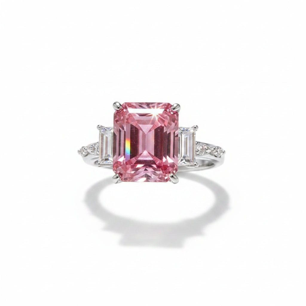 Luxury 5 Carat Pink Emerald Cut Moissanite Engagement Ring – Modern VVS1 Step - Cut Pink Gemstone Ring, Premium Platinum Plated Pure 925 Silver Statement Wedding Anniversary Gift Band (GRA Certified & Handcrafted) | RING | Moissanite Shine
