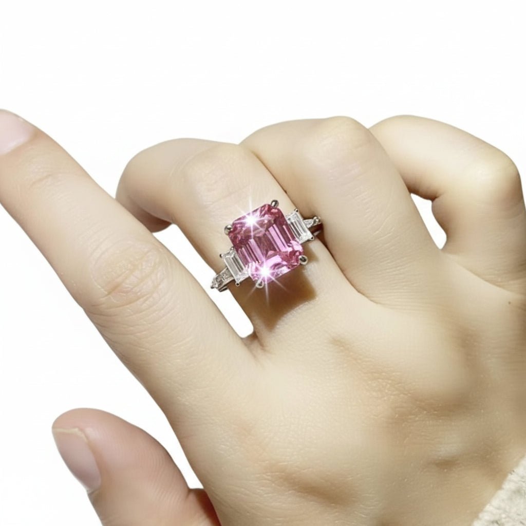 Luxury 5 Carat Pink Emerald Cut Moissanite Engagement Ring – Modern VVS1 Step - Cut Pink Gemstone Ring, Premium Platinum Plated Pure 925 Silver Statement Wedding Anniversary Gift Band (GRA Certified & Handcrafted) | RING | Moissanite Shine