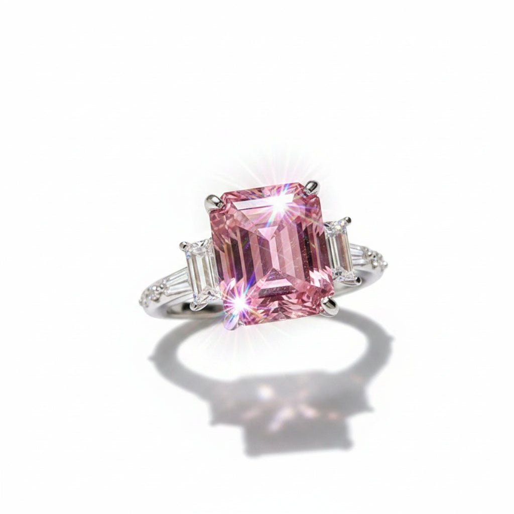 Luxury 5 Carat Pink Emerald Cut Moissanite Engagement Ring – Modern VVS1 Step - Cut Pink Gemstone Ring, Premium Platinum Plated Pure 925 Silver Statement Wedding Anniversary Gift Band (GRA Certified & Handcrafted) | RING | Moissanite Shine