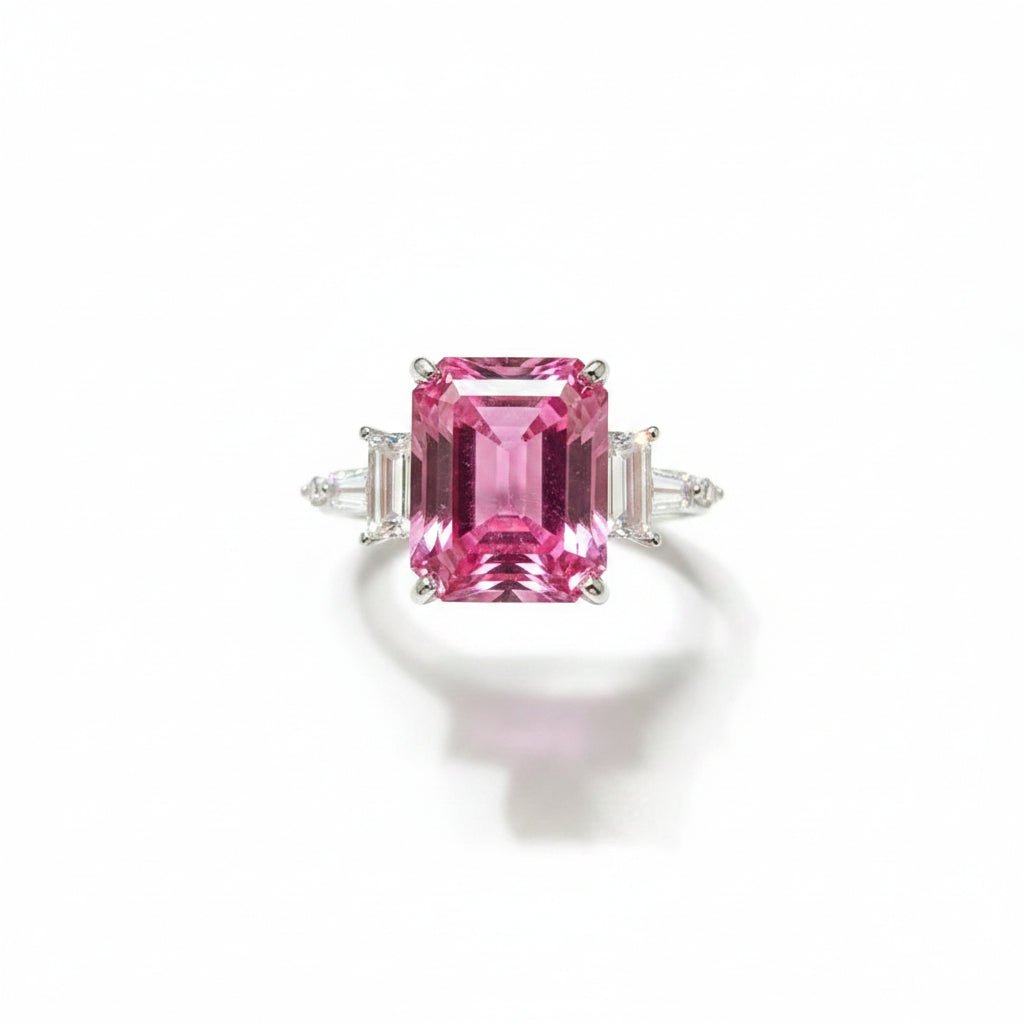 Luxury 5 Carat Pink Emerald Cut Moissanite Engagement Ring – Modern VVS1 Step - Cut Pink Gemstone Ring, Premium Platinum Plated Pure 925 Silver Statement Wedding Anniversary Gift Band (GRA Certified & Handcrafted) | RING | Moissanite Shine
