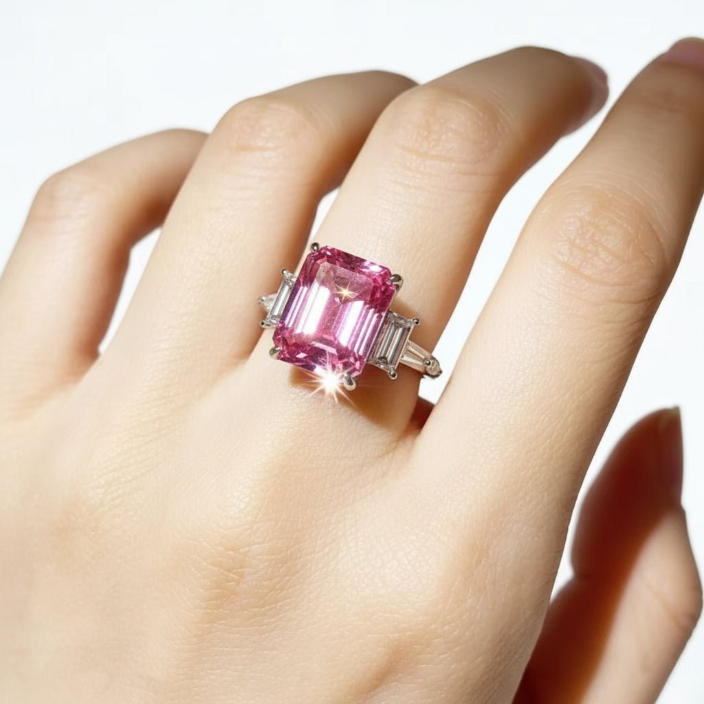 Luxury 5 Carat Pink Emerald Cut Moissanite Engagement Ring – Modern VVS1 Step - Cut Pink Gemstone Ring, Premium Platinum Plated Pure 925 Silver Statement Wedding Anniversary Gift Band (GRA Certified & Handcrafted) | RING | Moissanite Shine