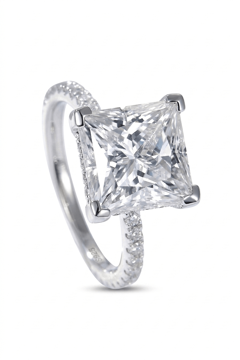 Luxury 5.52 Carat Princess Cut Moissanite Solitaire Engagement Ring – VVS1 D Color Modern Minimalist Platinum Plated Wedding Band (GRA Certified) | RING | Moissanite Shine