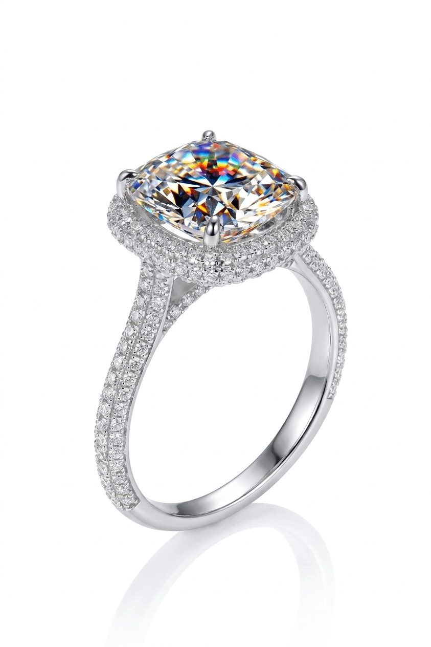 Luxury 6 Carat Cushion Cut Moissanite Halo Ring – VVS1 D Color Modern Split - Shank Wedding Band (GRA Certified) | RING | Moissanite Shine