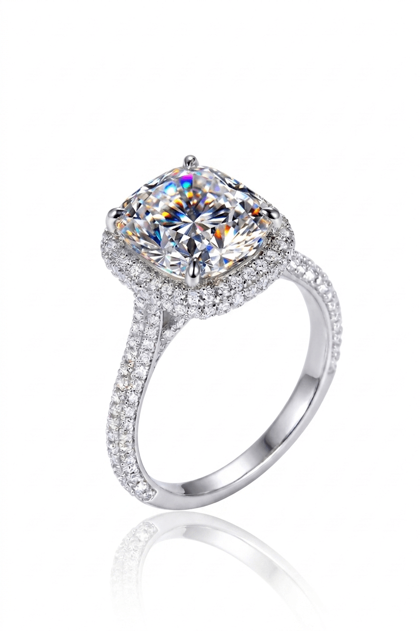 Luxury 6 Carat Cushion Cut Moissanite Halo Ring – VVS1 D Color Modern Split - Shank Wedding Band (GRA Certified) | RING | Moissanite Shine