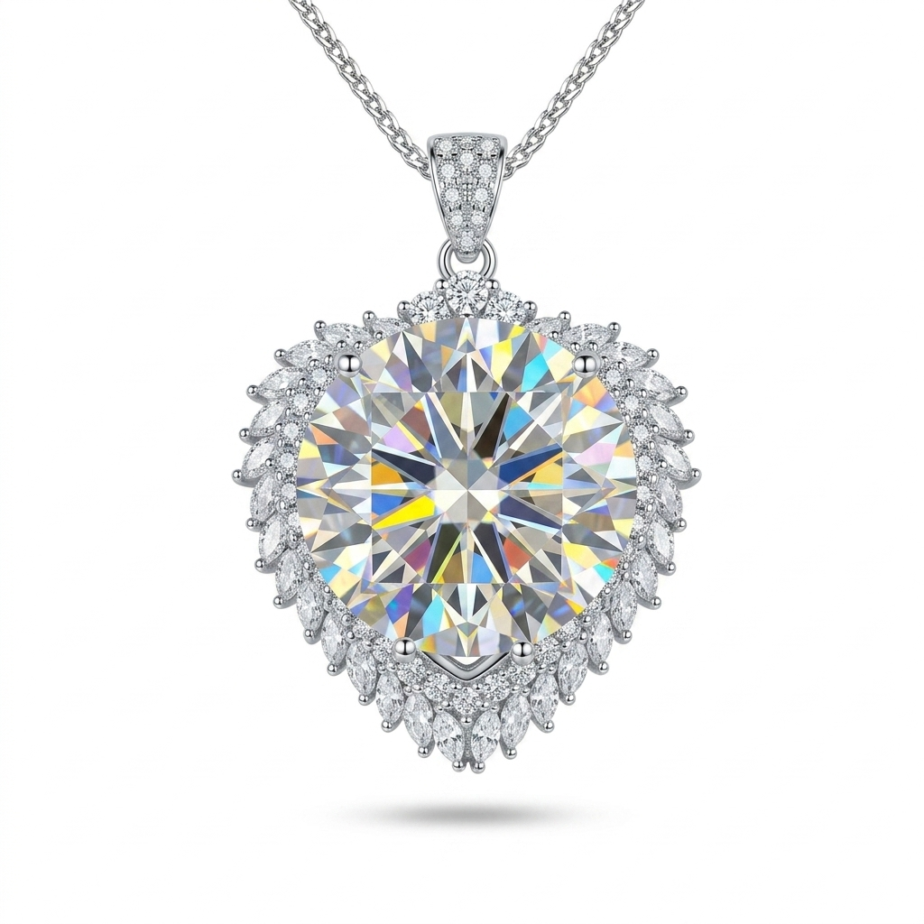 High carat ethical lab grown Moissanite heart jewelry investment fast shipping USA.
​Elegant D color VVS1 20ct round Moissanite pendant showcasing brilliant rainbow fire.