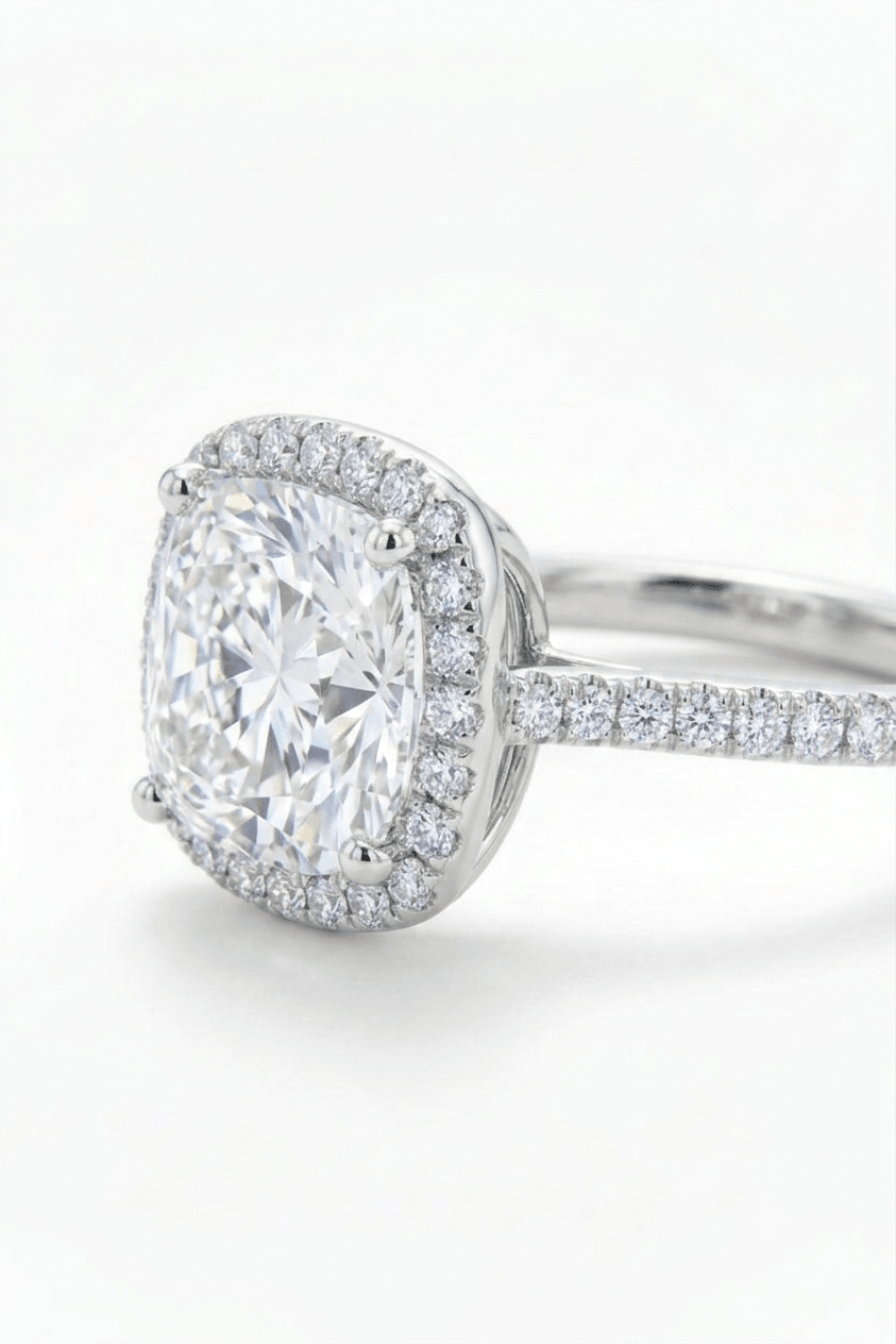 The Aurelia Cushion Halo Ring: A 3-Carat Cushion Cut VVS1 Moissanite Engagement Ring | RING | Moissanite Shine